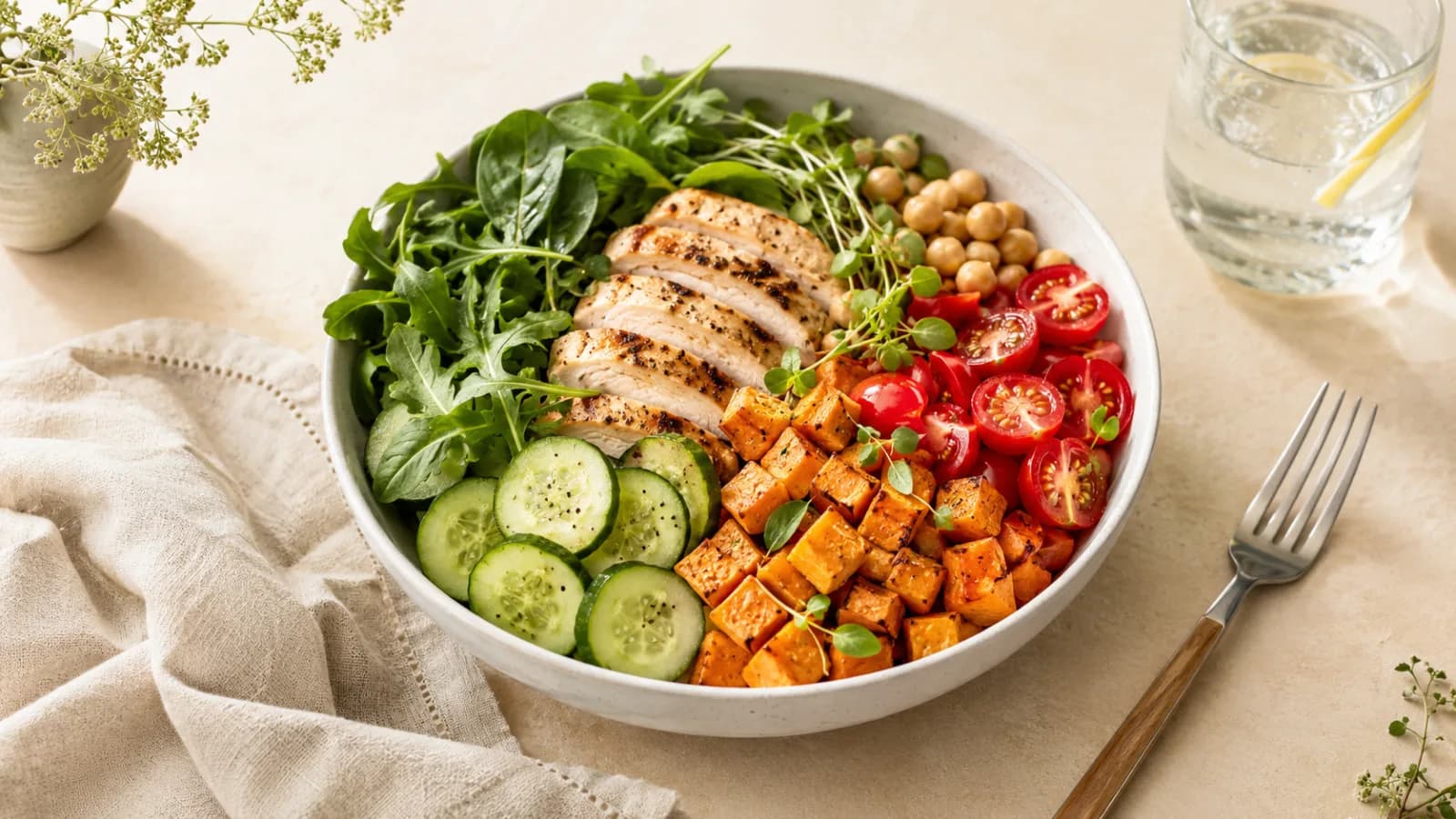 A colorful balanced lunch bowl with greens, orange vegetables, red tomatoes, and protein showing the 3-color lunch formula for weight loss.