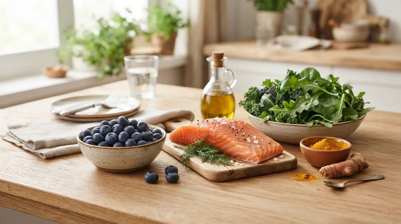 Blueberries, salmon, leafy greens, olive oil and turmeric arranged on a light kitchen table