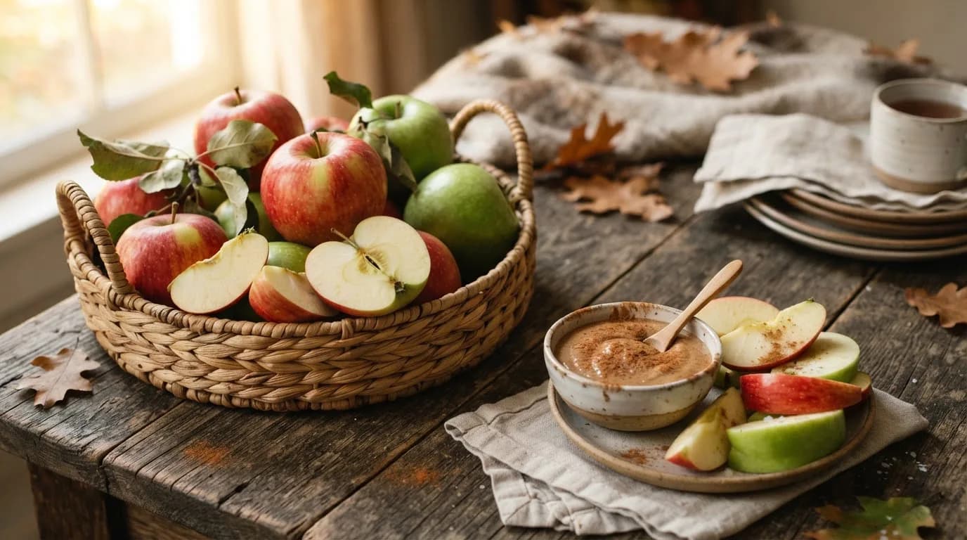 Fresh red and green apples in a basket with apple slices, almond butter and oats on a wooden table