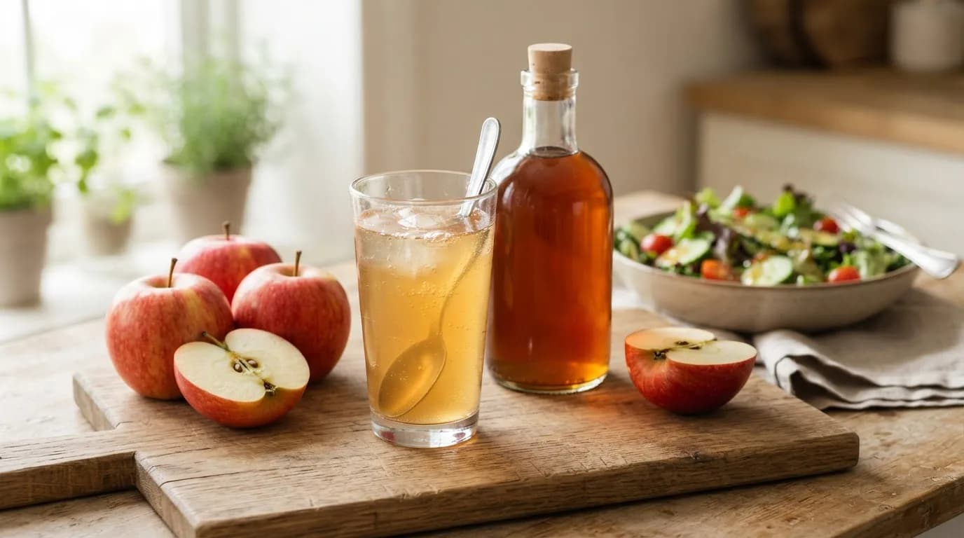 A glass of water with apple cider vinegar next to a bottle of apple cider vinegar and fresh apples on a wooden board