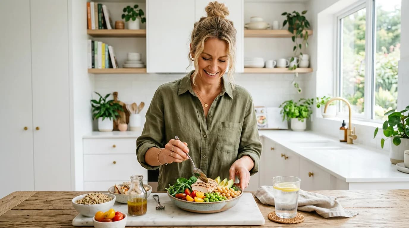 Woman in her 40s preparing a colorful high-protein lunch bowl in a bright kitchen
