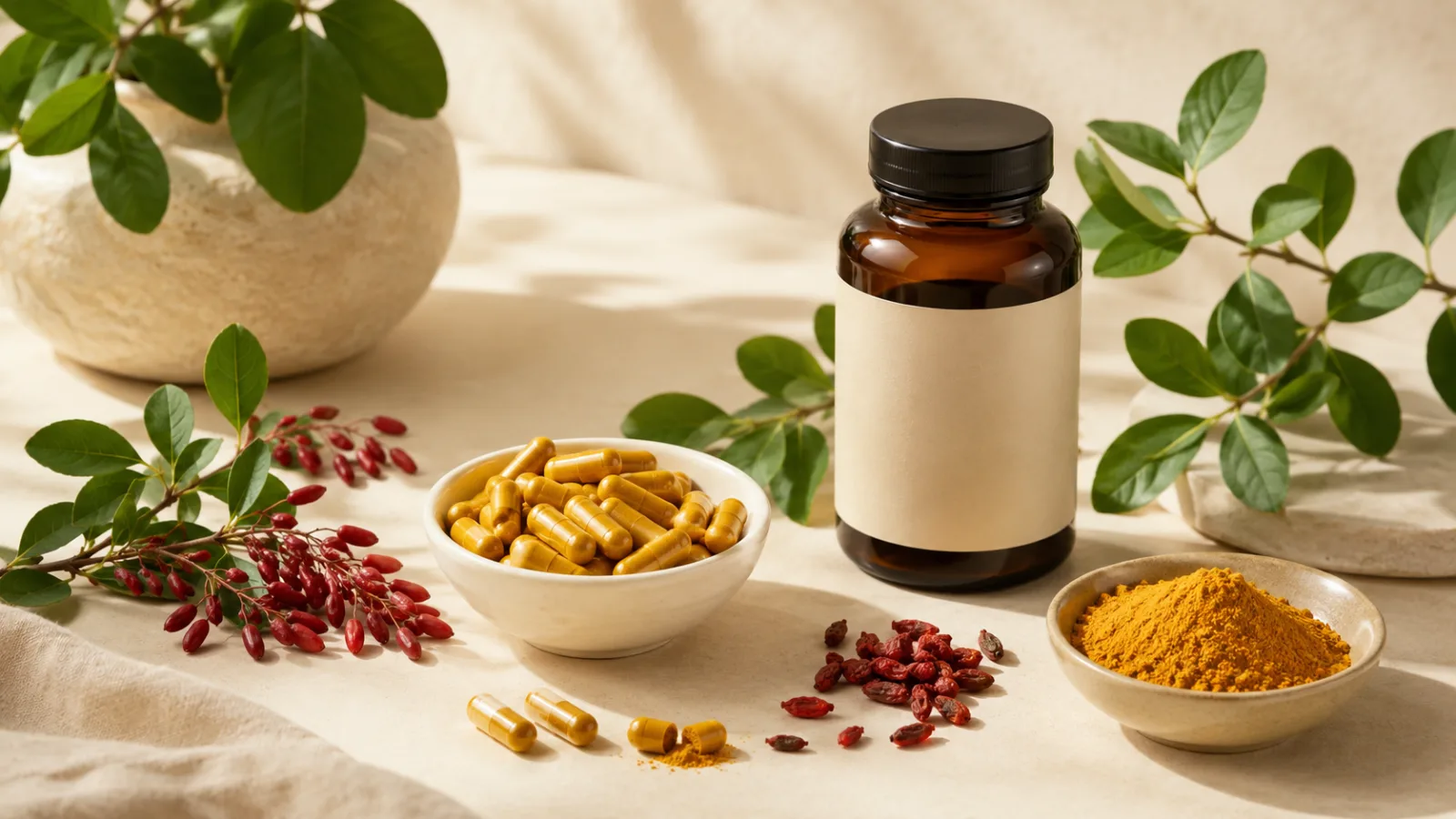 Berberine capsules with a supplement bottle, golden powder, green leaves, and red barberries on a clean wellness table.