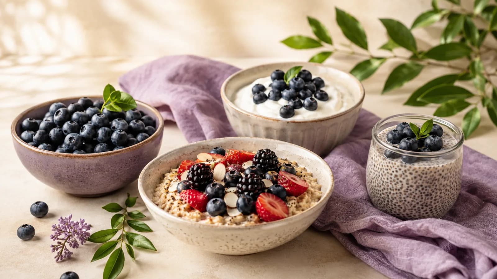 A bowl of fresh blueberries with Greek yogurt, oatmeal, chia pudding, and soft purple wellness accents on a clean table.