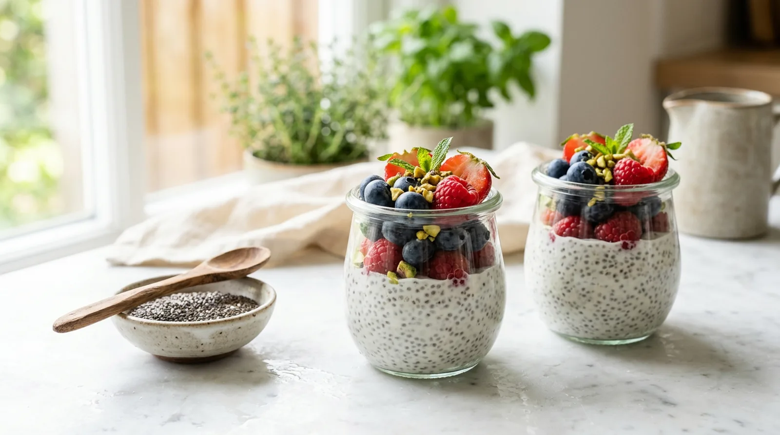 Two glass jars of chia seed pudding topped with blueberries, raspberries and strawberries next to a bowl of chia seeds