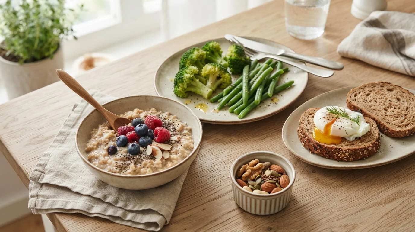 Broccoli, whole grains, nuts, green beans and a small bowl of oats on a light kitchen table