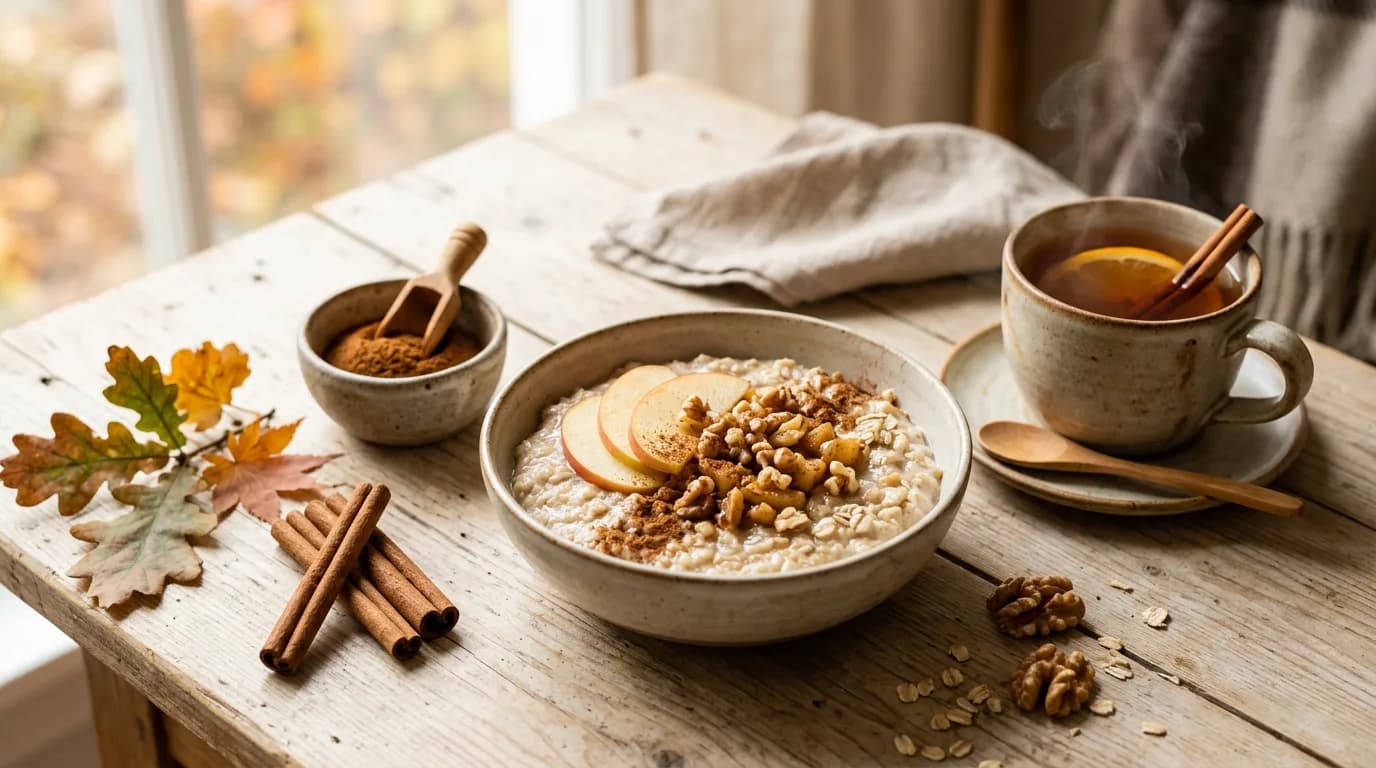 Cinnamon sticks and ground cinnamon next to a bowl of oatmeal with apple slices on a wooden table