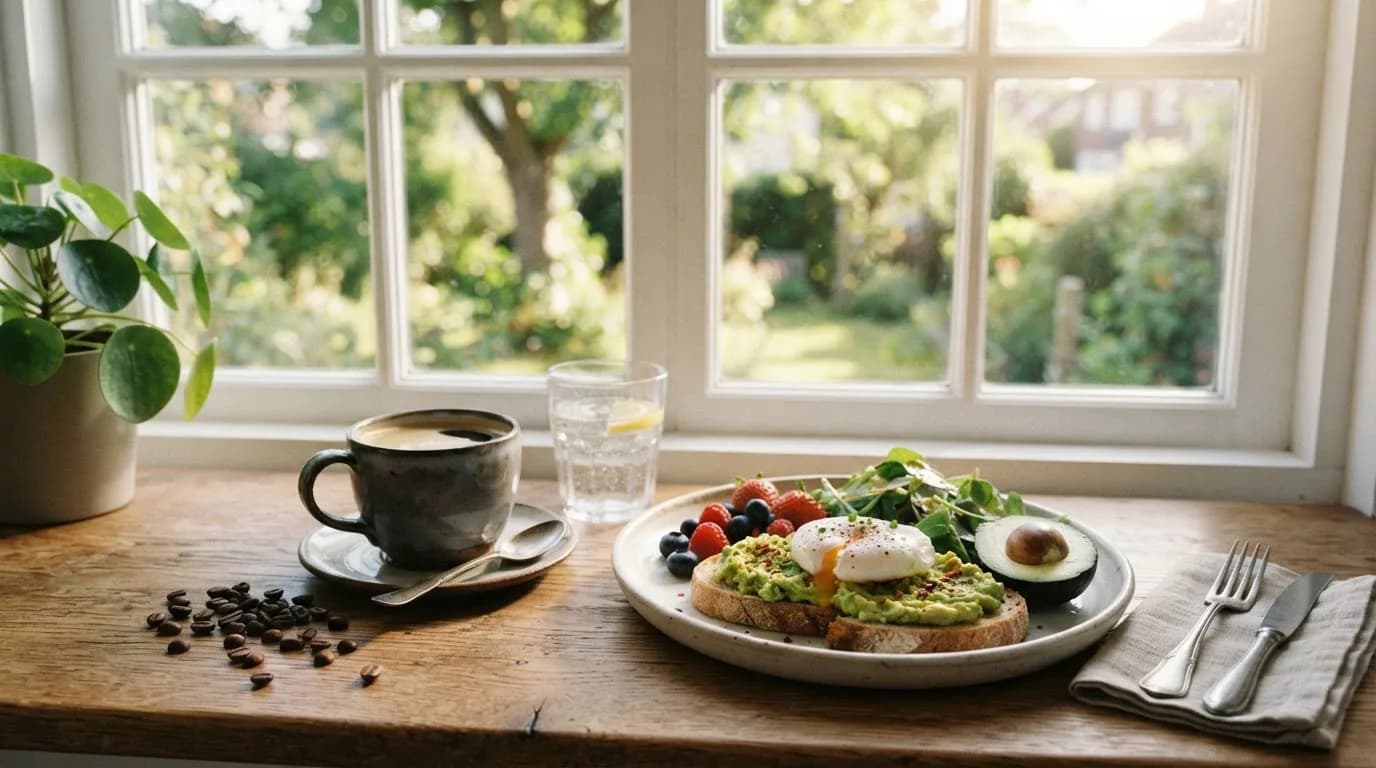 A cup of black coffee next to a glass of water and a high-protein breakfast with eggs and berries by a sunny window