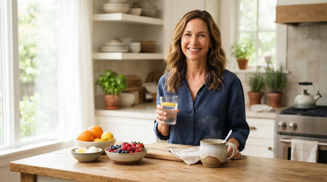 Woman in her 40s with glowing skin holding a glass of water in a bright kitchen with eggs, berries, citrus and bone broth on the counter