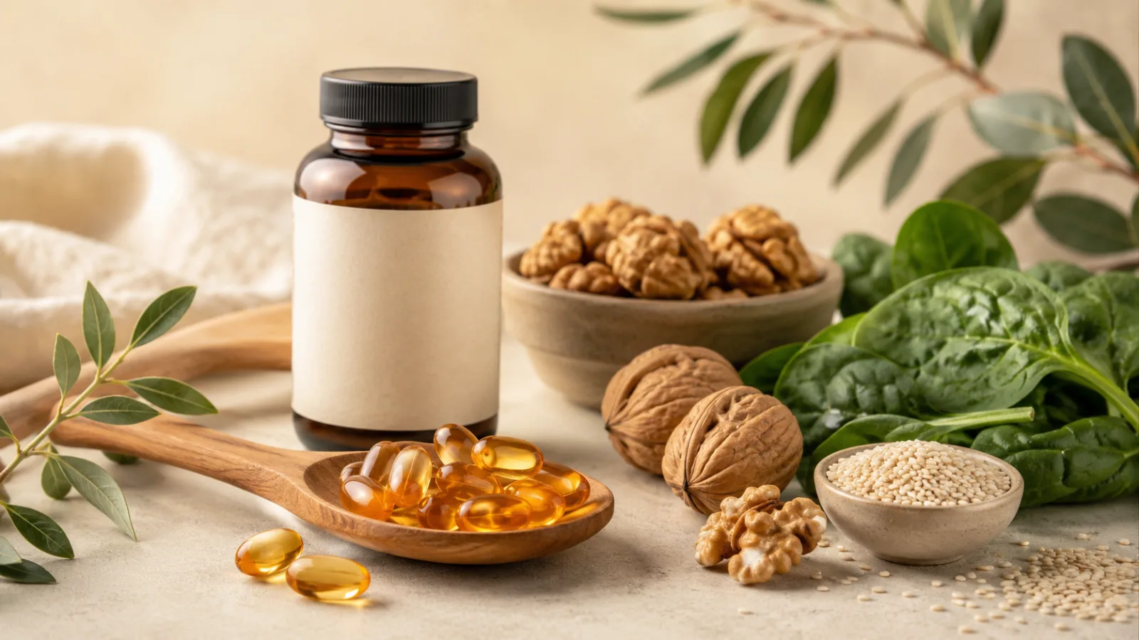 CoQ10 capsules with a supplement bottle, wooden spoon, green leaves, nuts, and healthy aging wellness setup.
