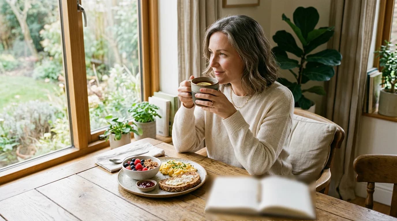 Calm morning scene with a woman drinking tea by a sunny window, a balanced breakfast and a journal on the table