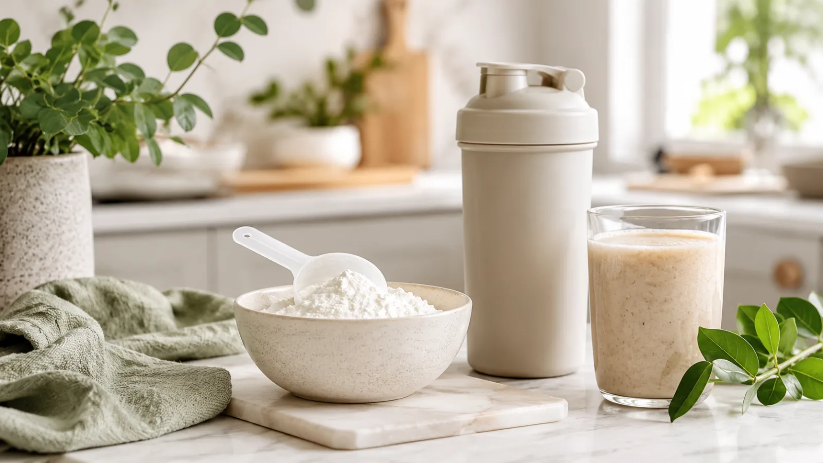 Creatine powder with a shaker bottle, scoop, protein smoothie, and clean wellness setup for women over 40.