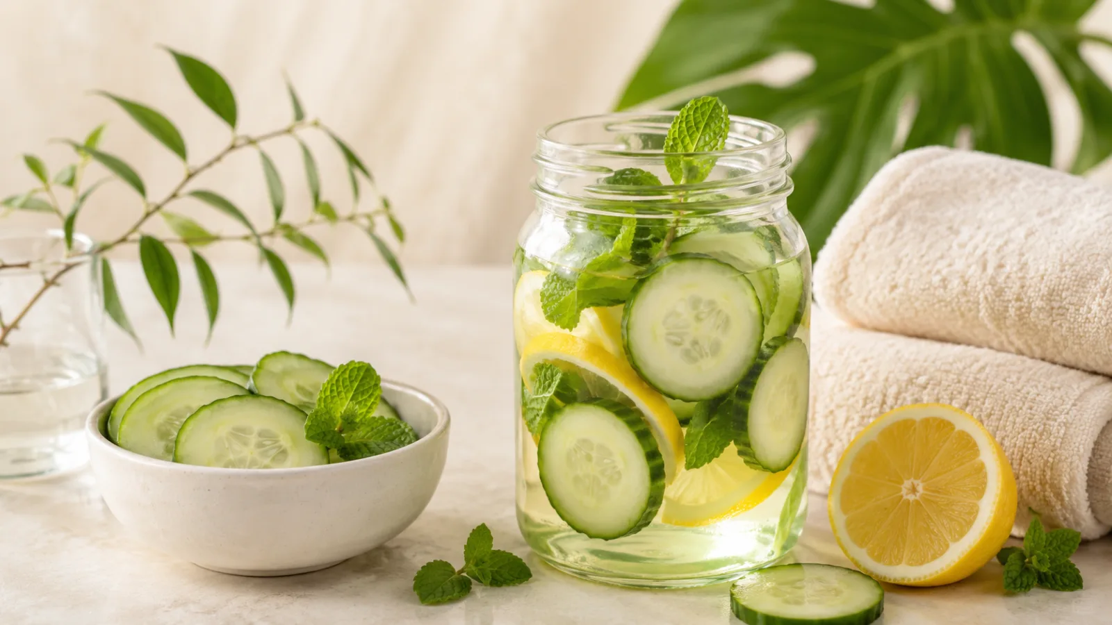 Fresh cucumber slices with cucumber water, lemon, mint, and green leaves on a clean wellness table.