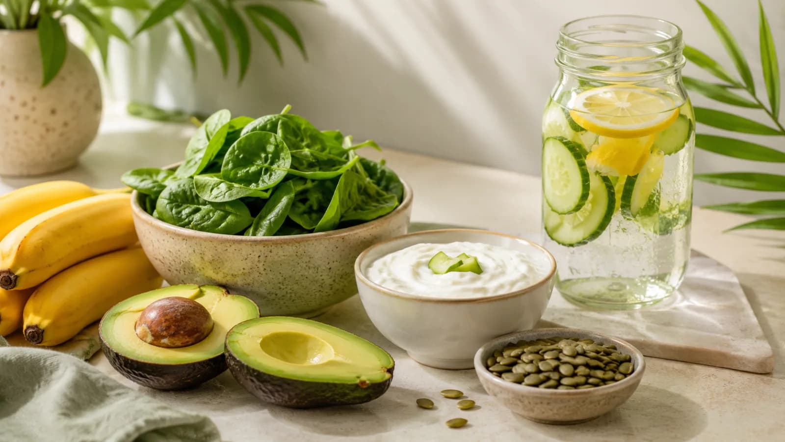 Electrolyte-rich foods including avocado, spinach, bananas, Greek yogurt, pumpkin seeds, and cucumber water on a clean wellness table.