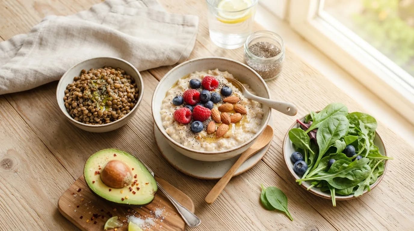 Breakfast table with a bowl of oats topped with berries and chia seeds, a lentil salad, avocado and leafy greens