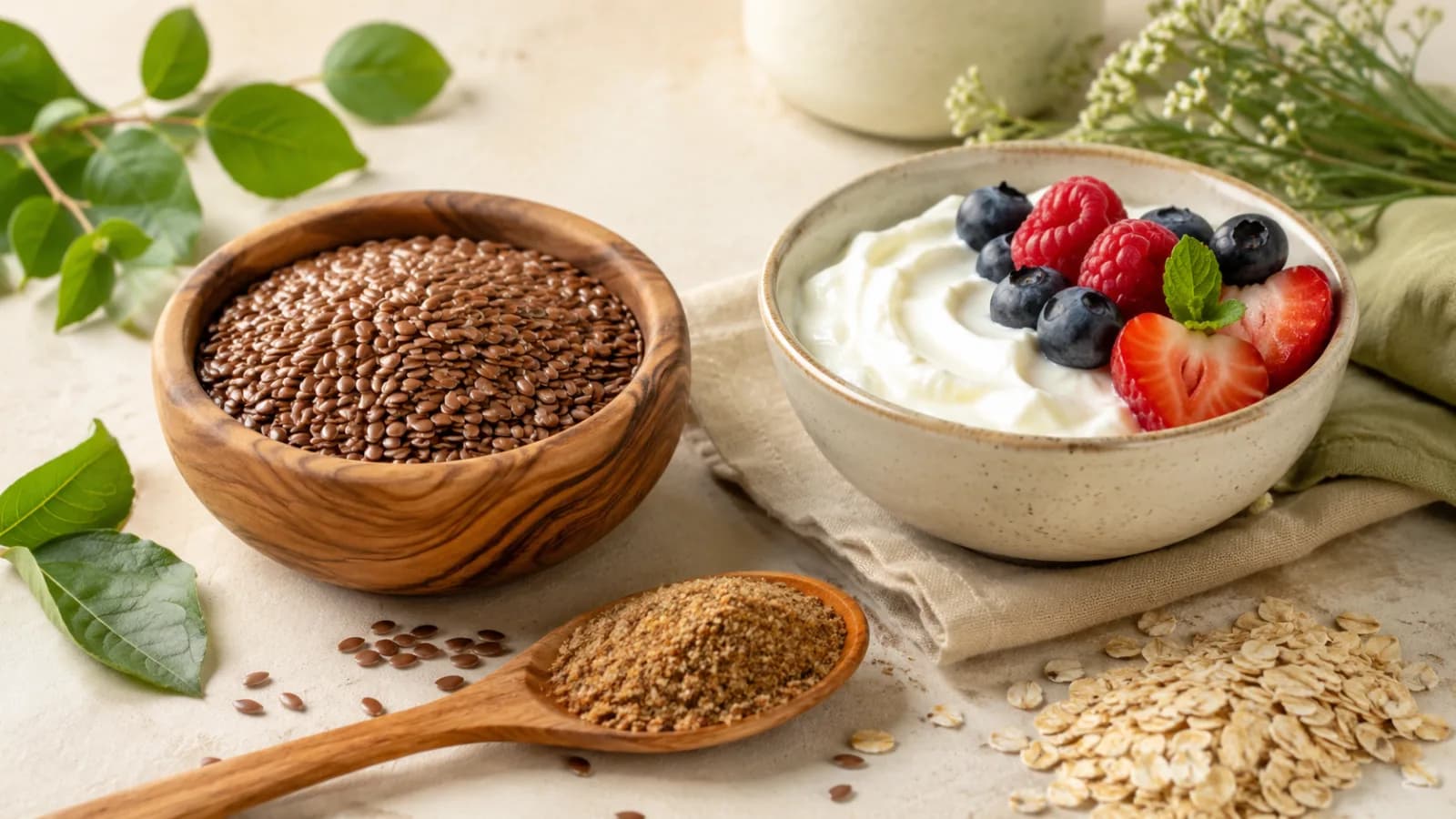 A bowl of flaxseeds with ground flaxseed, yogurt, berries, oats, and fresh flowers on a clean wellness table.