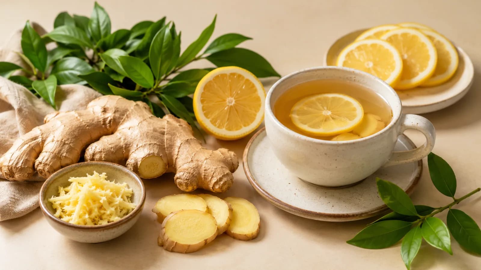 Fresh ginger root with lemon ginger tea, sliced ginger, and green leaves on a clean wellness table.