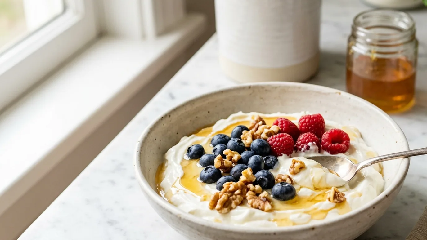 Bowl of thick Greek yogurt with fresh berries, honey and walnuts on a light kitchen counter