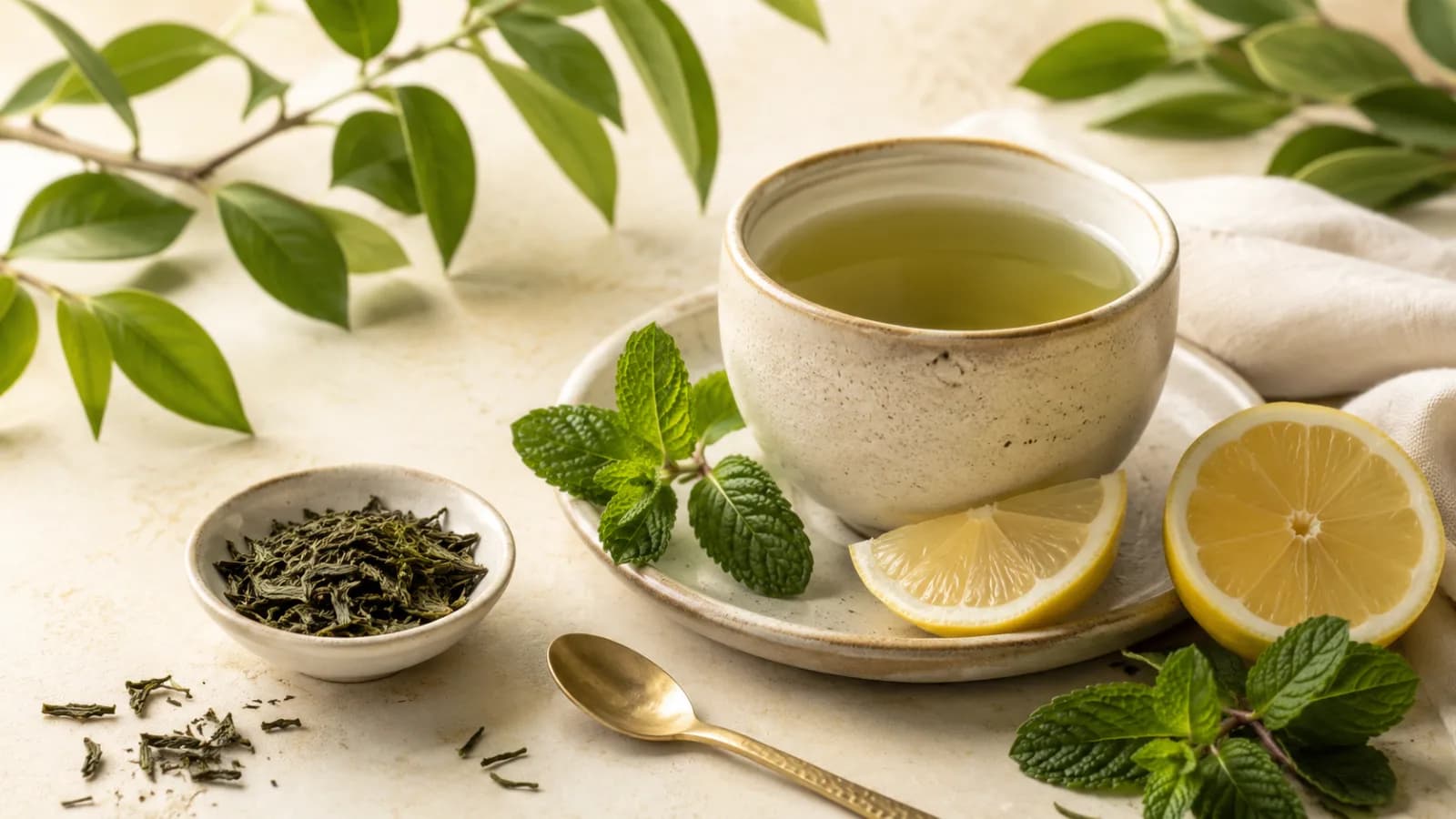 A warm cup of green tea with lemon, mint, loose green tea leaves, and soft green leaves on a clean wellness table.
