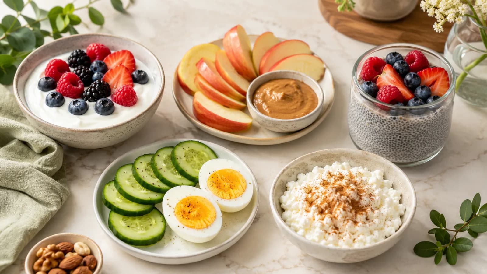 Healthy snack ideas including Greek yogurt with berries, apple slices with nut butter, boiled eggs with cucumber, cottage cheese, and chia pudding.