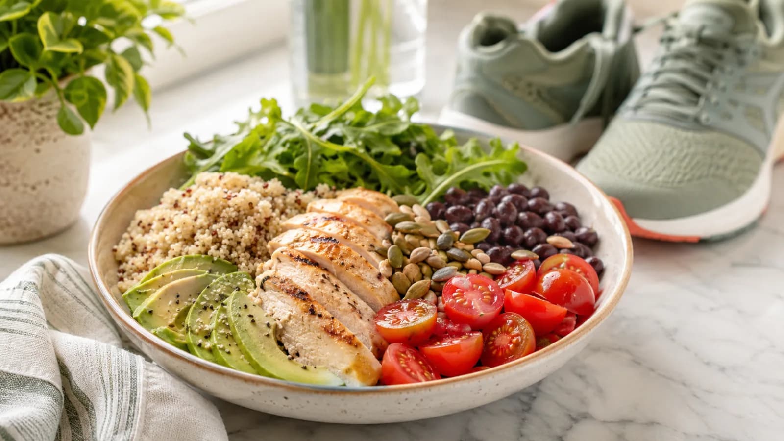 A balanced protein and fiber meal bowl with chicken, avocado, quinoa, greens, tomatoes, walking shoes, and a water bottle on a clean wellness table.