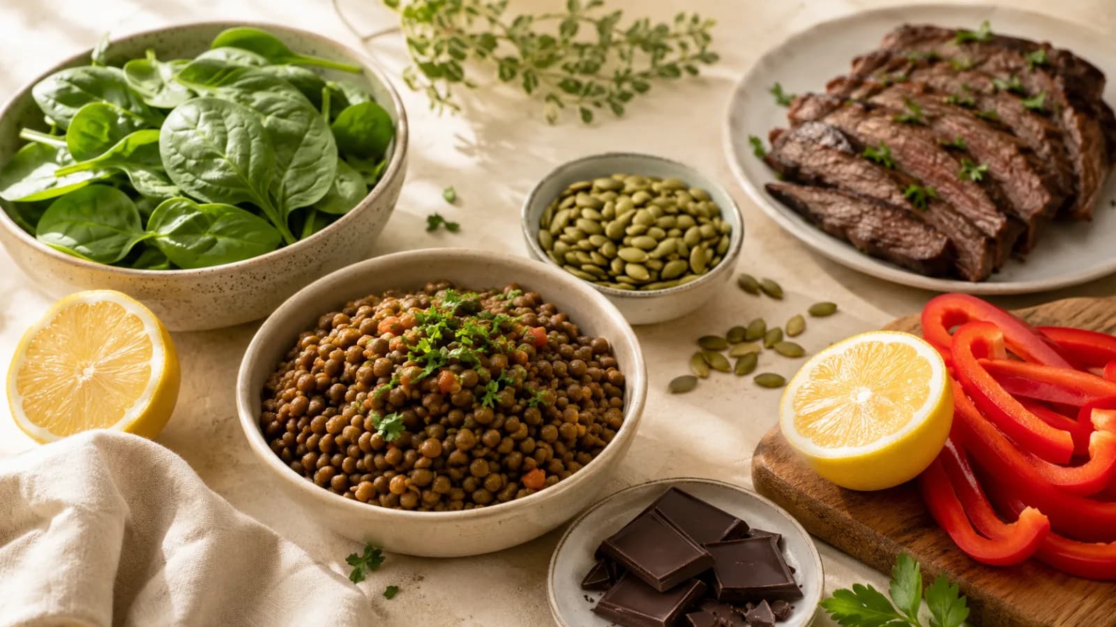 A clean wellness table with iron-rich foods including spinach, lentils, pumpkin seeds, lean beef, and dark chocolate.