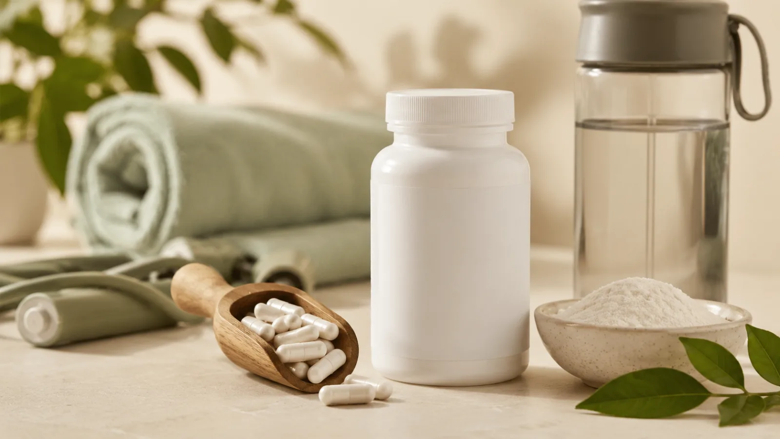 L-carnitine capsules with a supplement bottle, white powder, green leaves, and an active wellness setup on a clean table.