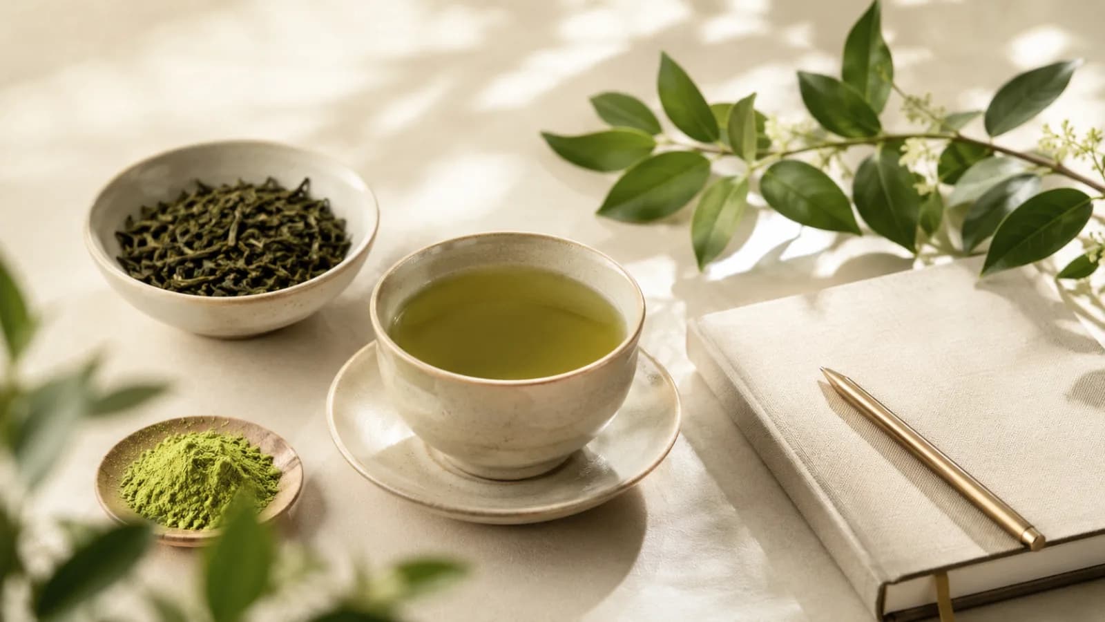 A warm cup of green tea with loose tea leaves, green tea powder, botanical leaves, and a calm focus wellness setup.