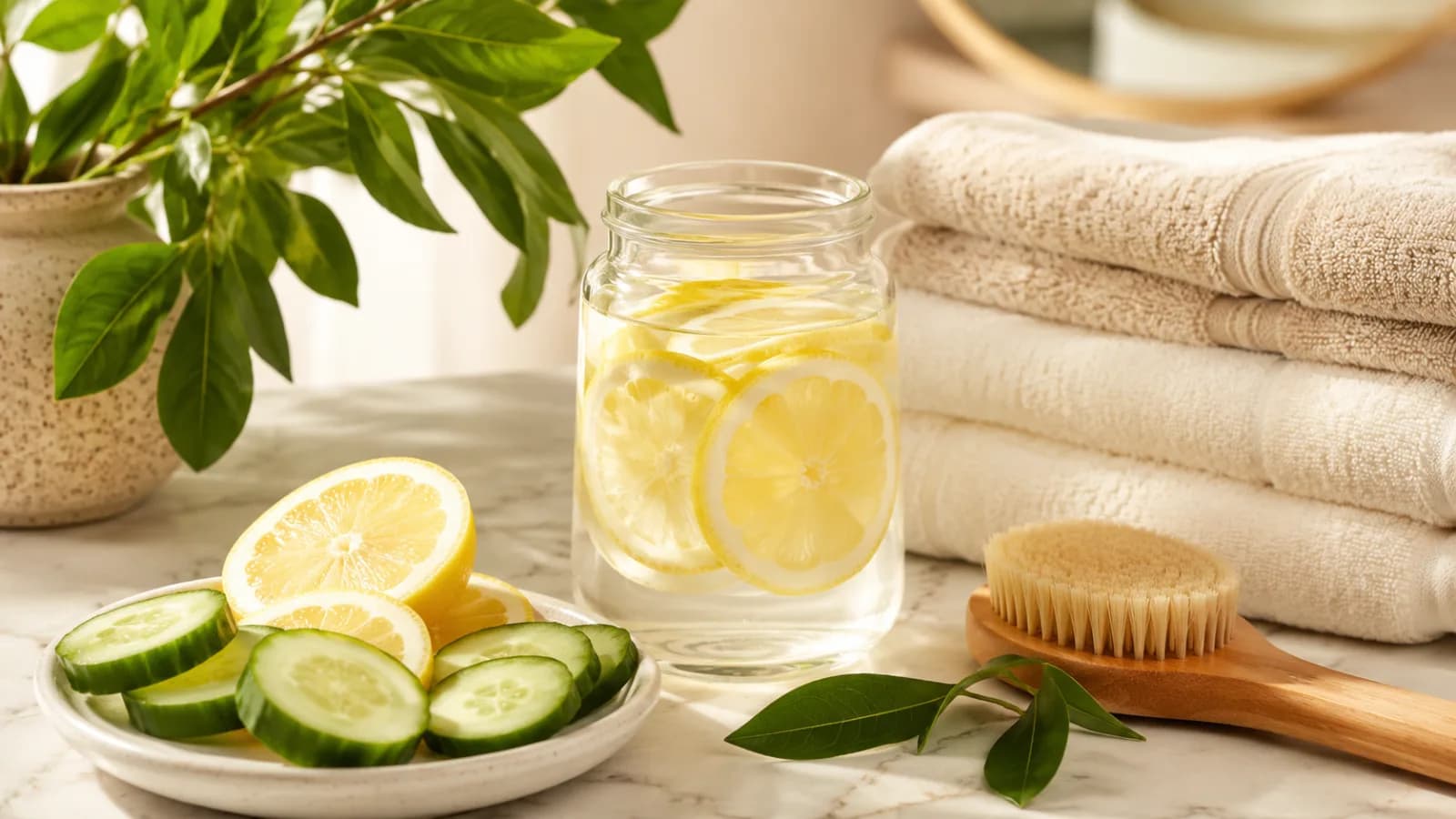 A clean wellness setup with lemon water, cucumber slices, a dry brush, fresh towels, and green plants.