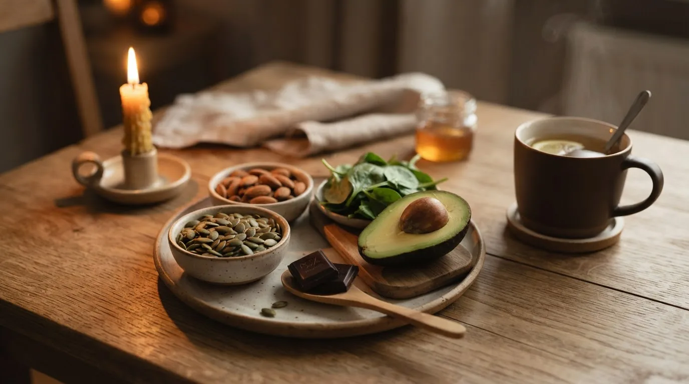 Bowls of pumpkin seeds, almonds, spinach, dark chocolate and avocado next to a cup of herbal tea on a calm evening table