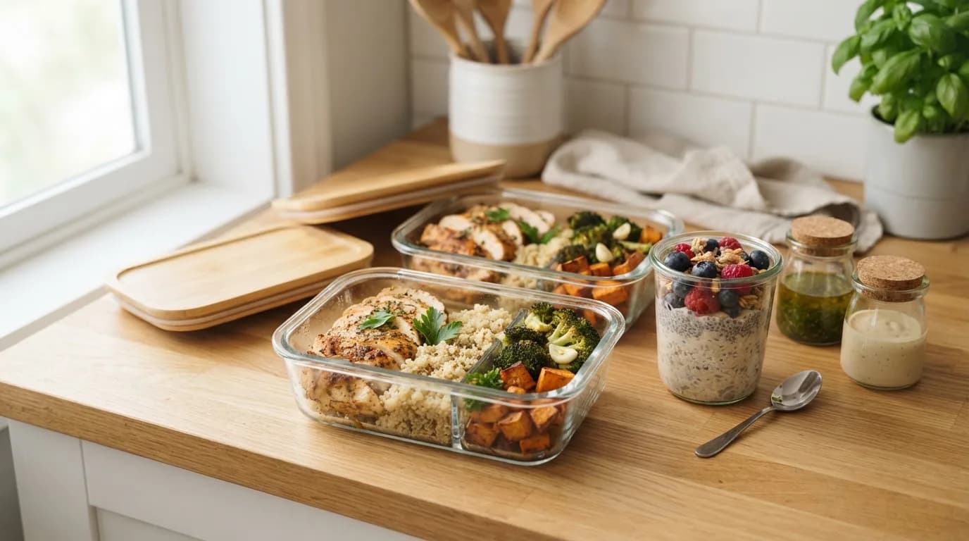 Glass meal prep containers with grilled chicken, quinoa, roasted vegetables and a jar of overnight oats on a kitchen counter