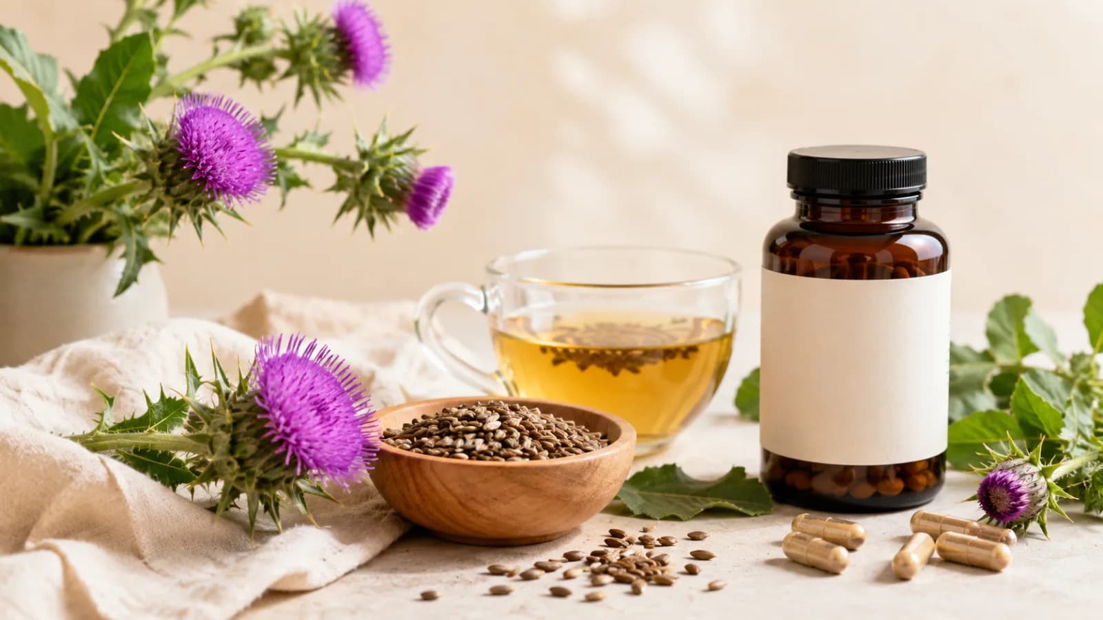 Milk thistle flowers with seeds, herbal tea, and a clean liver wellness supplement setup on a warm cream background.