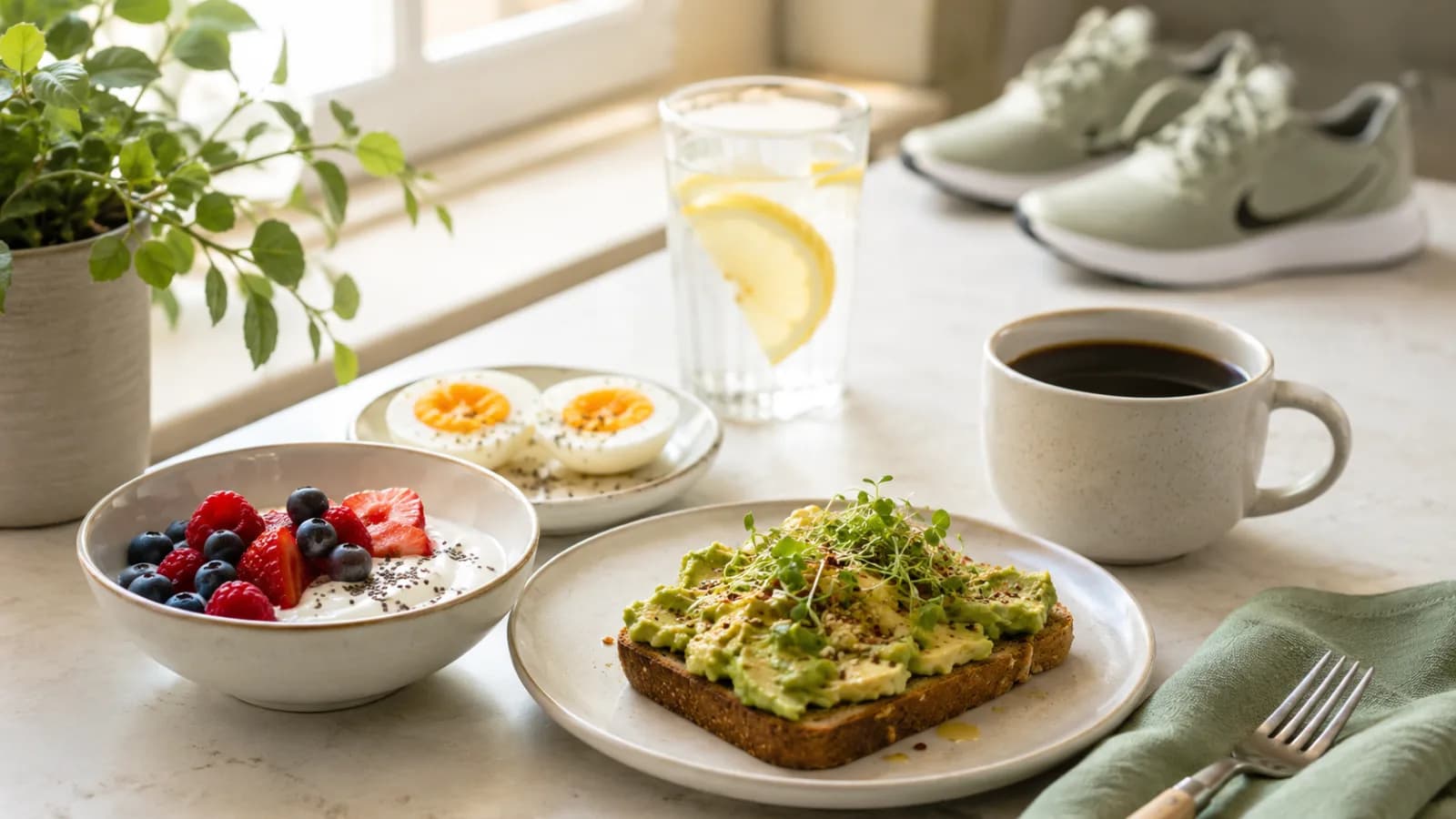 A balanced breakfast with Greek yogurt, berries, eggs, avocado toast, lemon water, coffee, and walking shoes on a clean morning table.