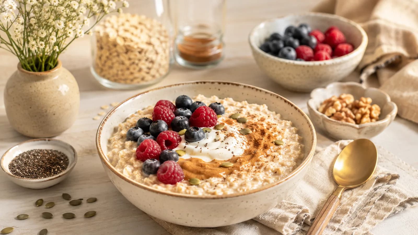 Warm oatmeal breakfast bowl with berries, seeds, cinnamon, yogurt and simple toppings on a bright kitchen table.