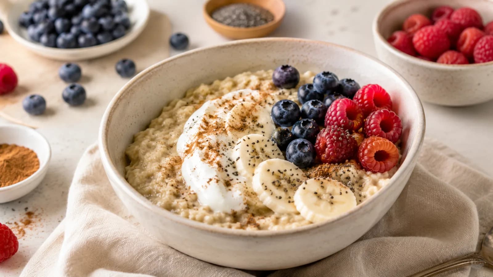 Creamy oatmeal bowl topped with blueberries, raspberries, banana slices, chia seeds, cinnamon and Greek yogurt for a filling healthy breakfast.
