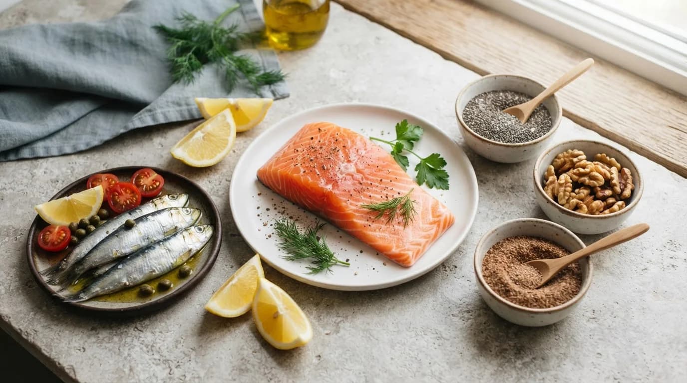 Salmon fillet, sardines, chia seeds, walnuts and flaxseeds arranged in bowls on a light stone table