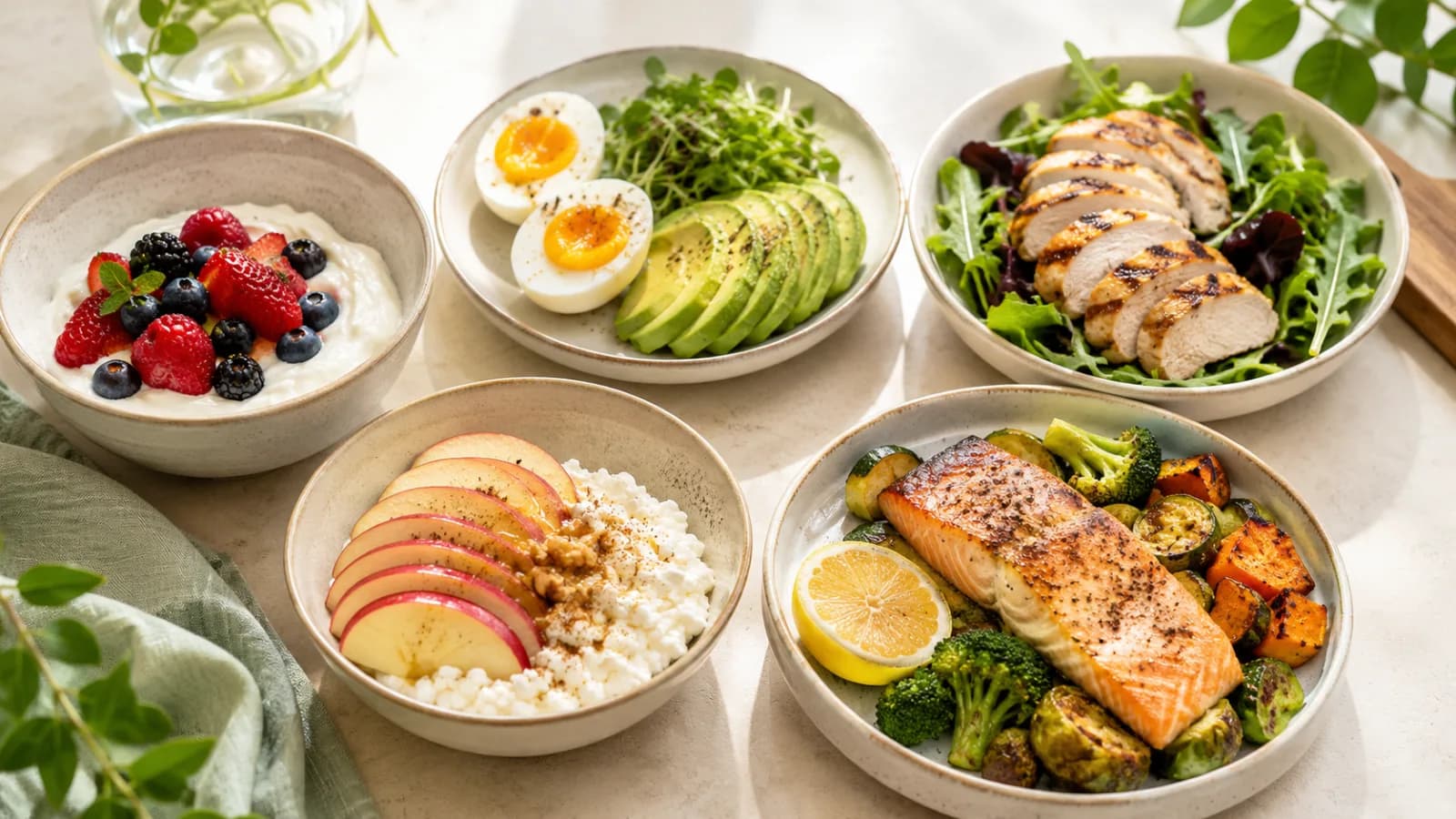 A clean wellness food spread with Greek yogurt and berries, eggs and avocado, chicken salad, cottage cheese with apple, and salmon with vegetables.