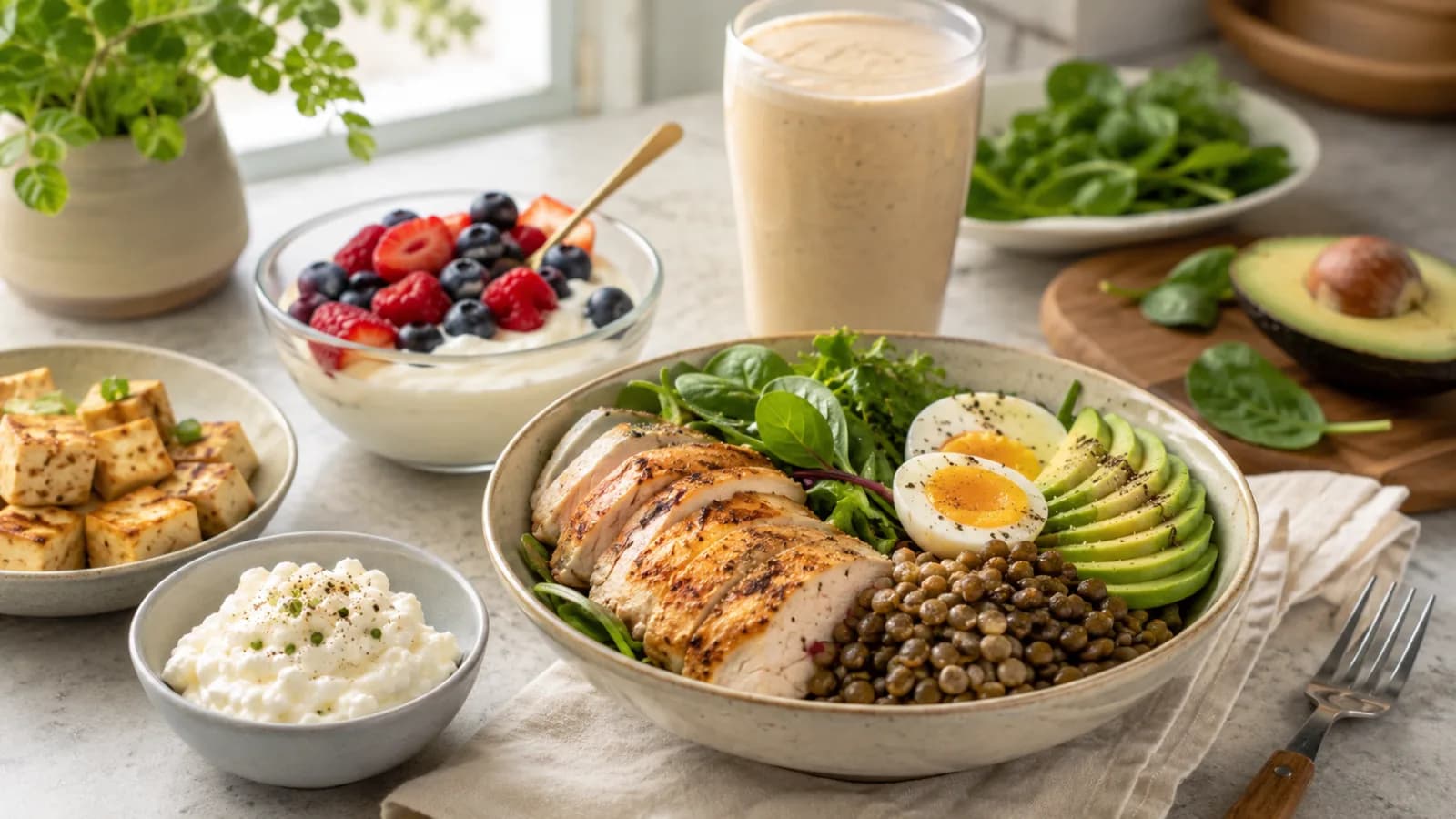A protein-rich meal bowl with chicken, eggs, Greek yogurt, lentils, tofu, cottage cheese, berries, and a smoothie on a clean wellness table.