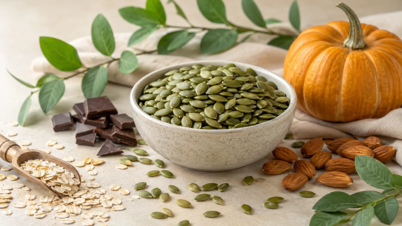 A bowl of pumpkin seeds with almonds, oats, dark chocolate, and warm wellness ingredients on a neutral kitchen table.