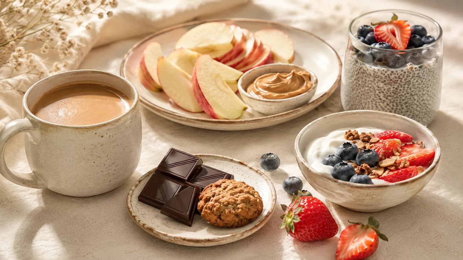 A cozy afternoon snack scene with coffee, dark chocolate, cookies, strawberries, berries, and balanced snack options on a clean wellness table.