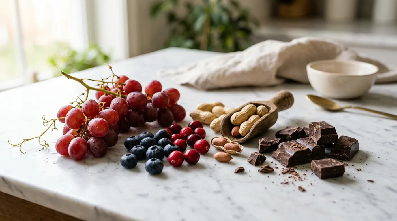 Red grapes, blueberries, cranberries, peanuts and dark chocolate on a light marble table, foods that contain resveratrol