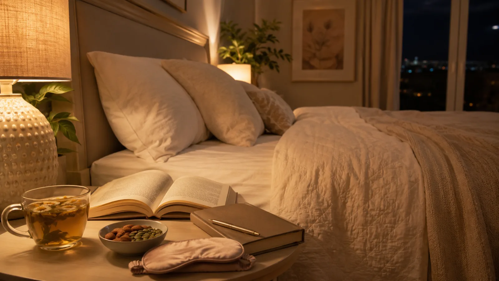 A calm bedroom scene with herbal tea, a book, soft lamp light, magnesium-rich snacks, and a relaxing nighttime routine setup.