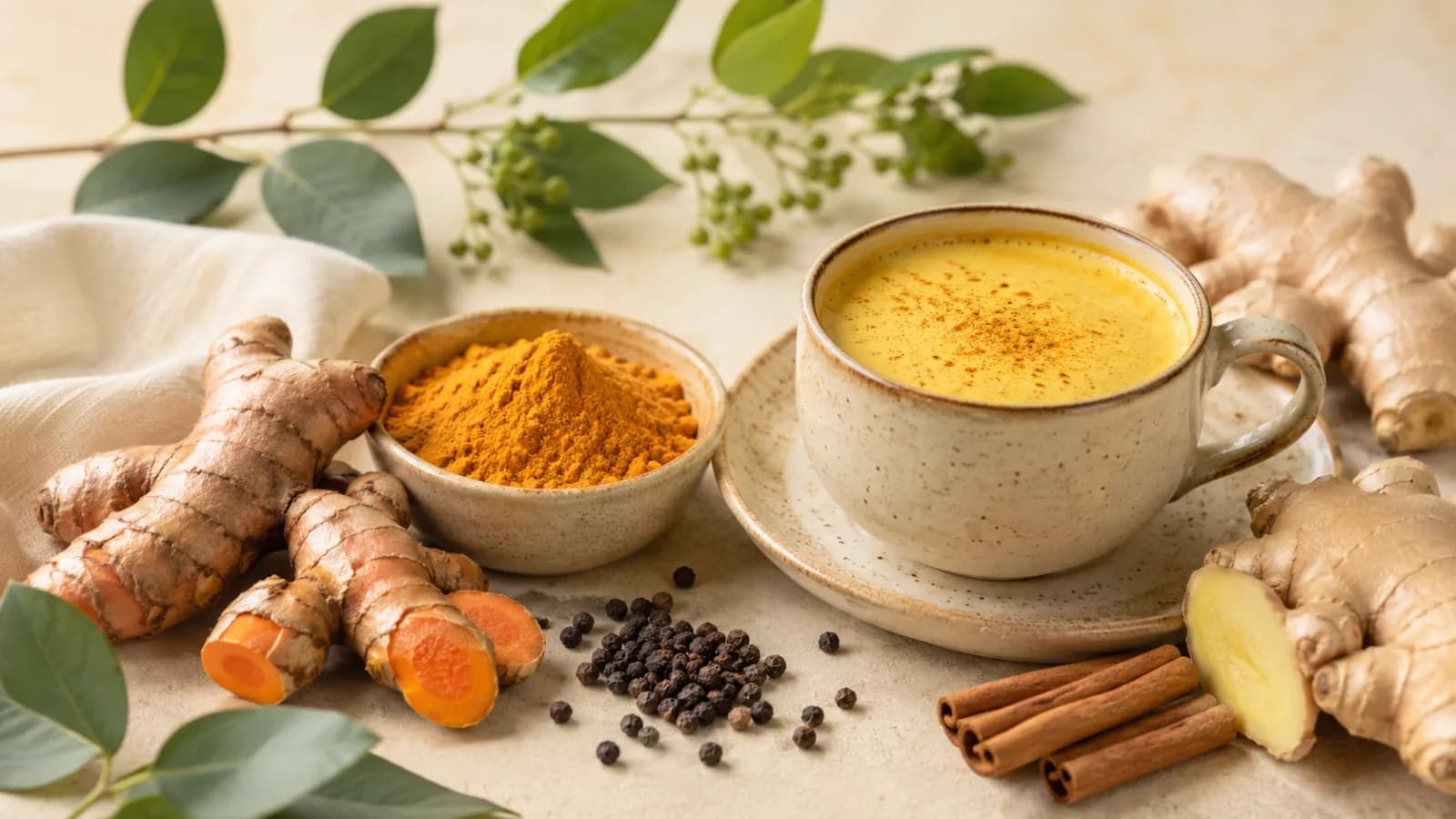 Fresh turmeric root with golden turmeric powder, golden milk, ginger, black pepper, and green leaves on a clean wellness table.