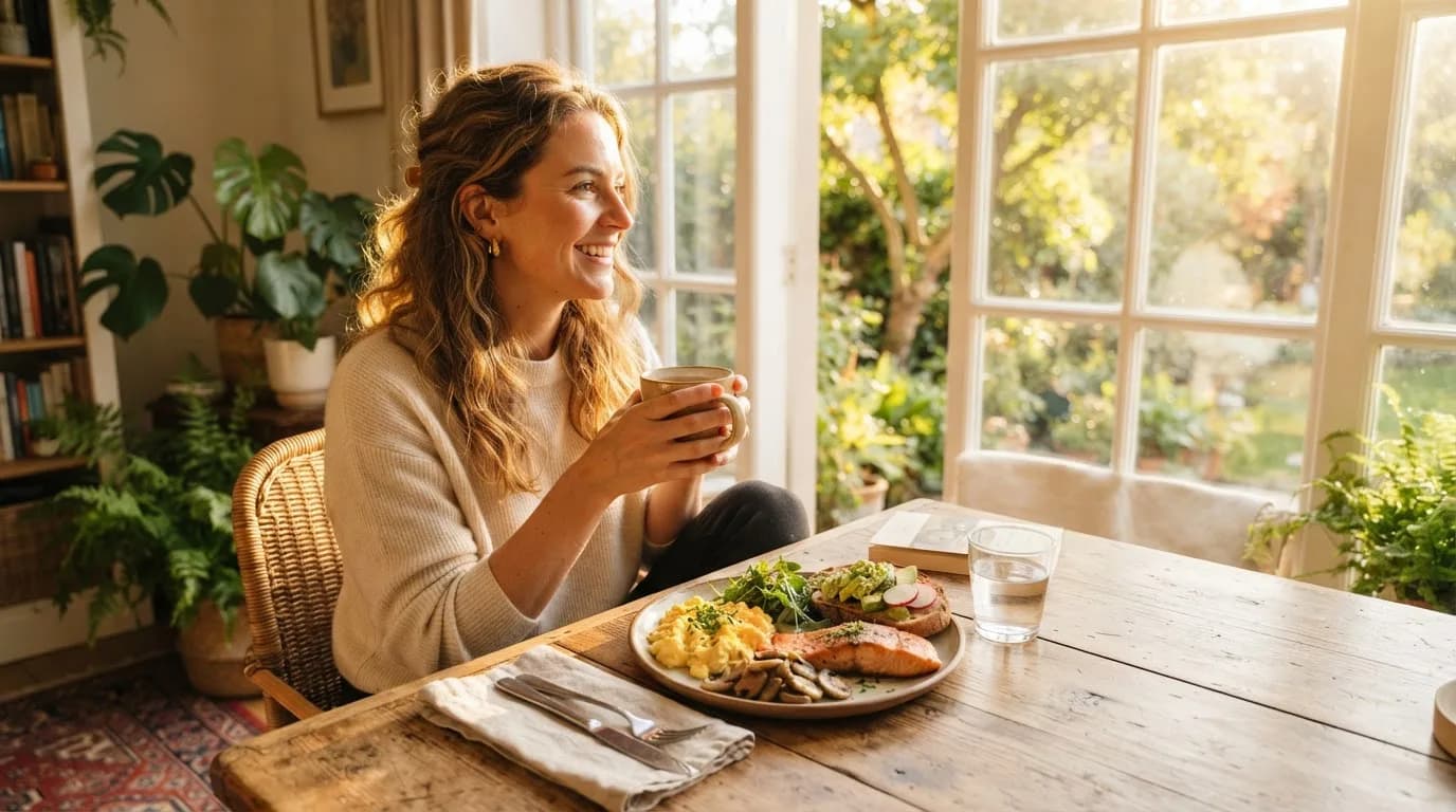 Woman enjoying morning sunlight by a window with a breakfast of salmon, eggs and mushrooms on the table