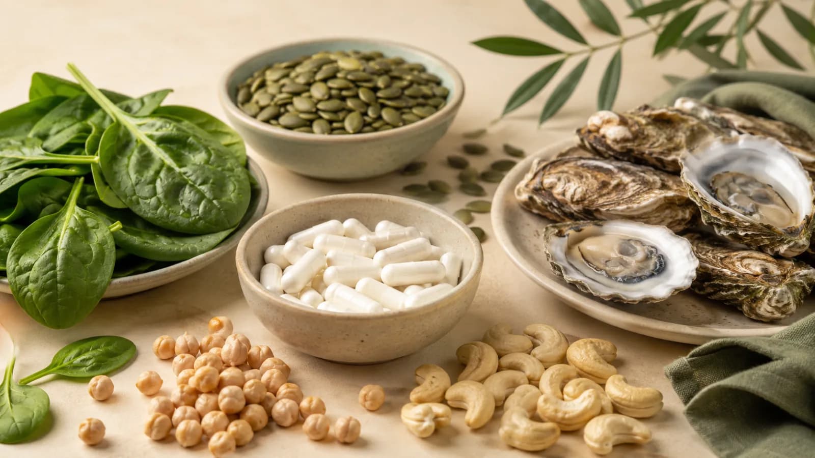Zinc capsules with pumpkin seeds, chickpeas, cashews, spinach, and oysters on a clean wellness table.