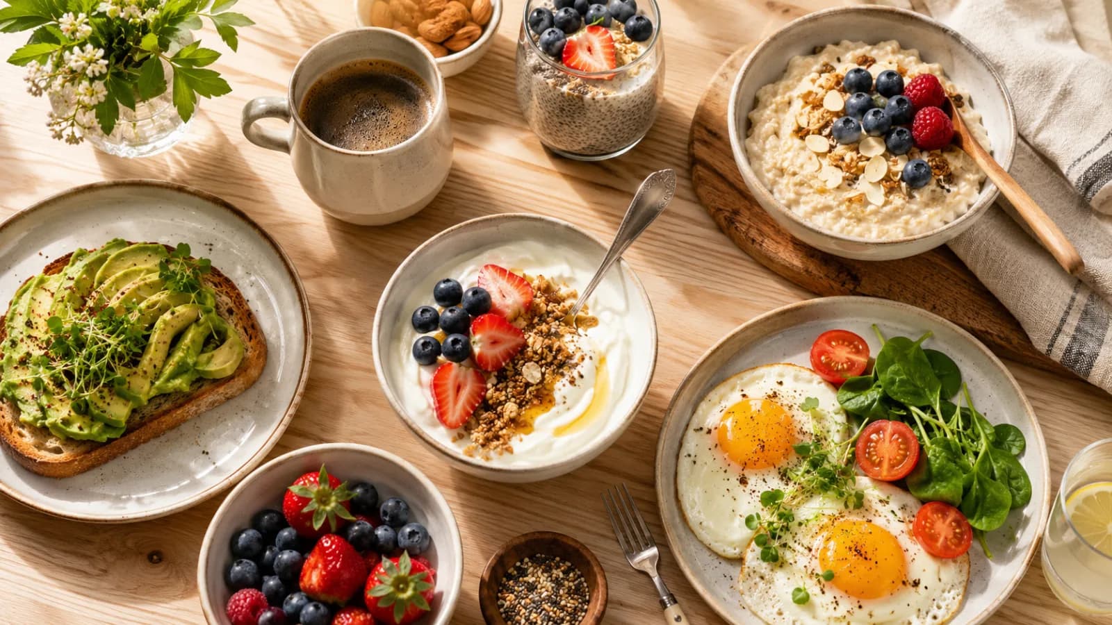 A healthy breakfast table with oatmeal, Greek yogurt, berries, eggs, avocado toast, chia pudding, nuts, and coffee.