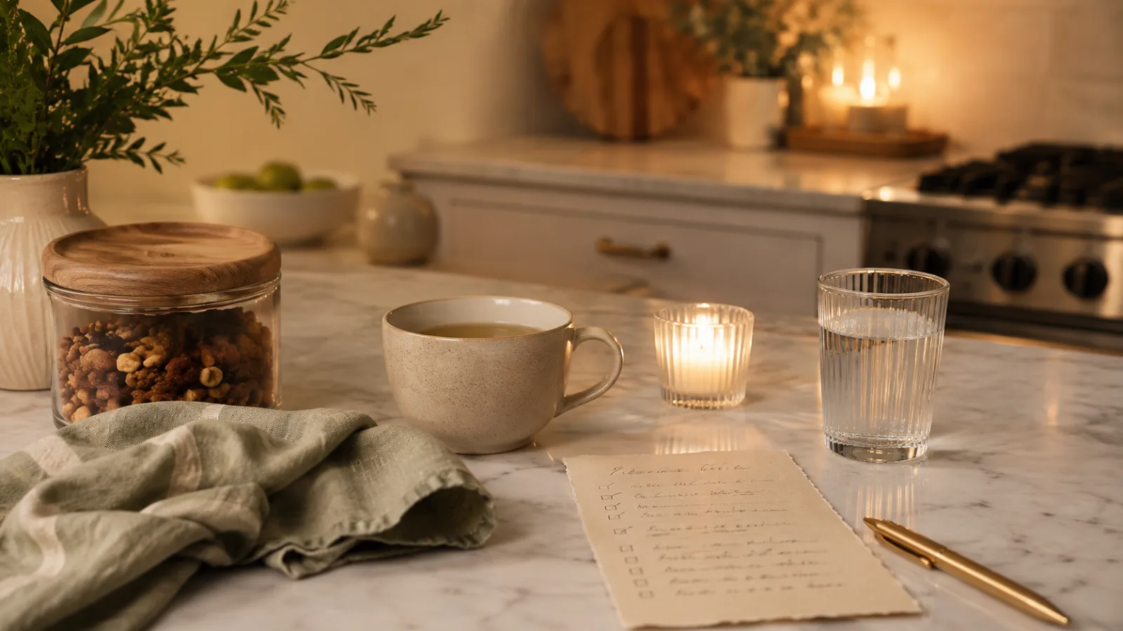 A calm evening kitchen scene with herbal tea, a closed snack jar, a glass of water, and a simple checklist for a kitchen closing ritual to reduce night snacking.