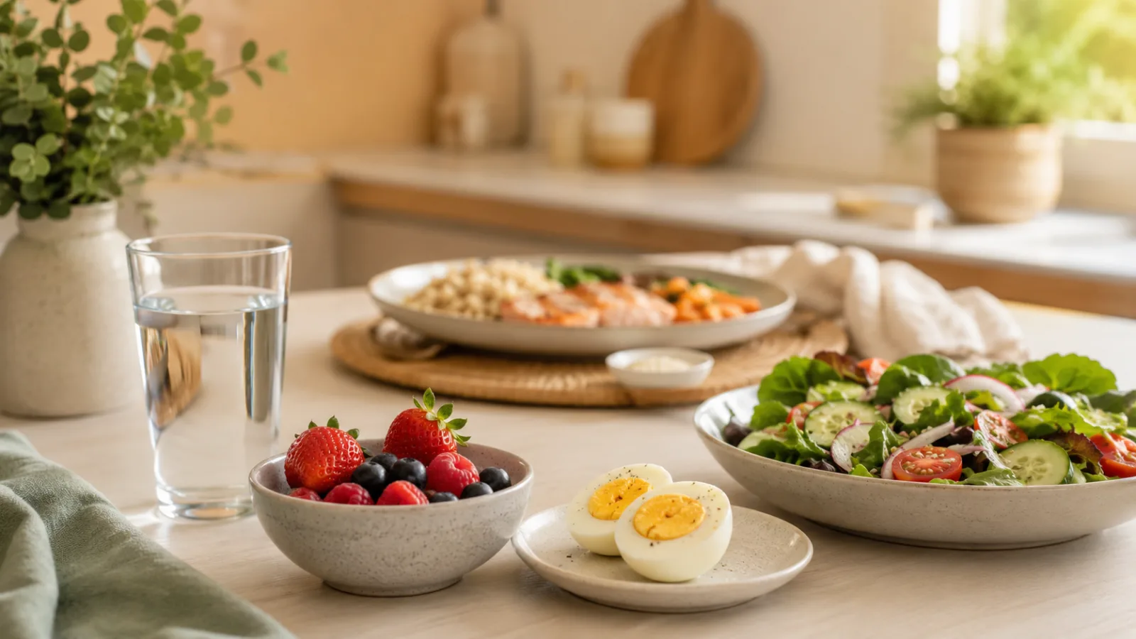 A gentle healthy meal setup with water, berries, salad, and protein showing the add-before-you-subtract method for weight loss.