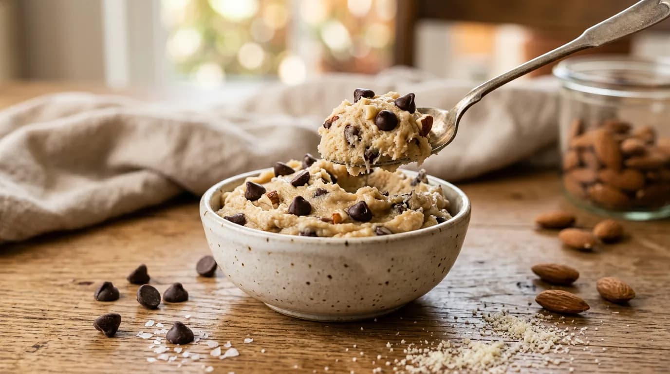 Bowl of edible almond flour cookie dough with dark chocolate chips and a spoon