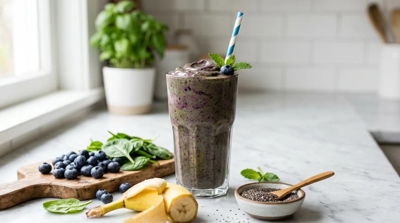 Blueberry green smoothie in a tall glass with blueberries, spinach, banana and chia seeds