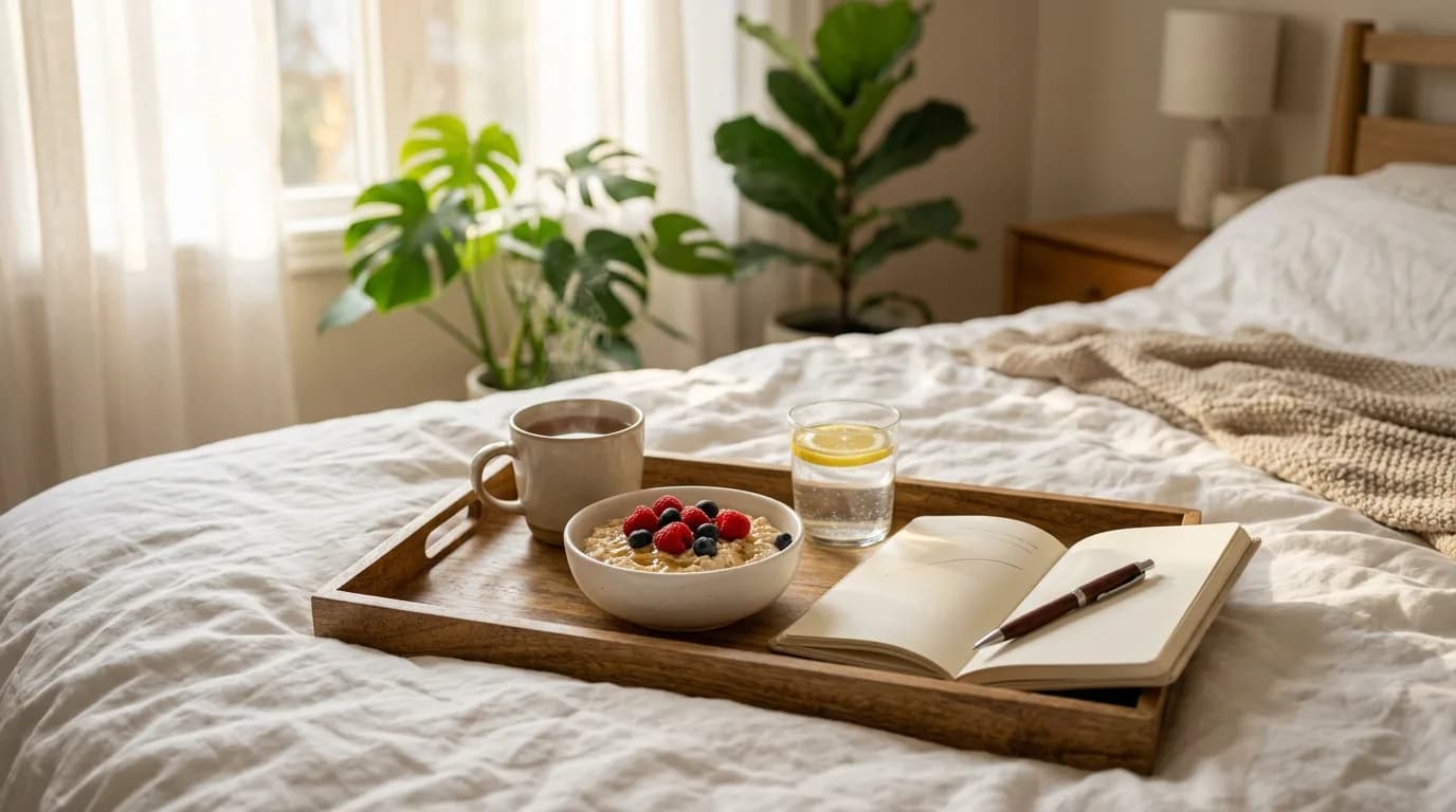 Breakfast tray on a bed with oats and berries, a glass of lemon water, a cup of tea and an open journal in soft morning light